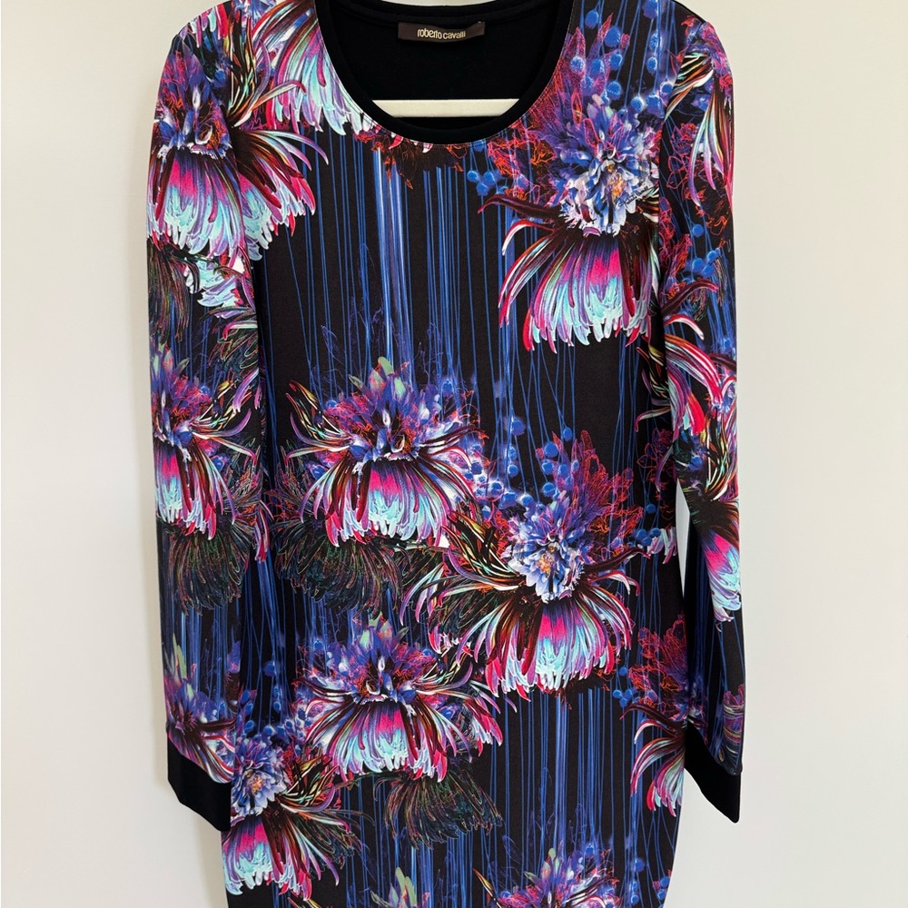 Roberto Cavalli Black and Blue Graphic Mini Dress